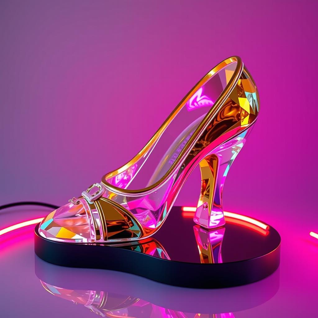 A stunning sculpture of a slipper crafted from crystal, featuring an elegant design that incorporates gold, white, and black hues