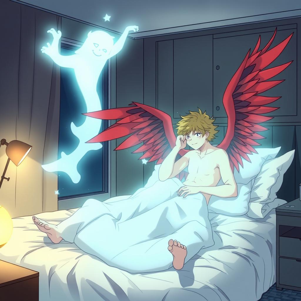 In a modern, dimly lit bedroom, Takami Keigo (Hawks), a young blonde man with striking red wings, sleeps peacefully on a bed