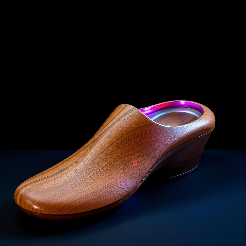 A visually striking sculpture of a slipper, meticulously crafted from a blend of wood and metal