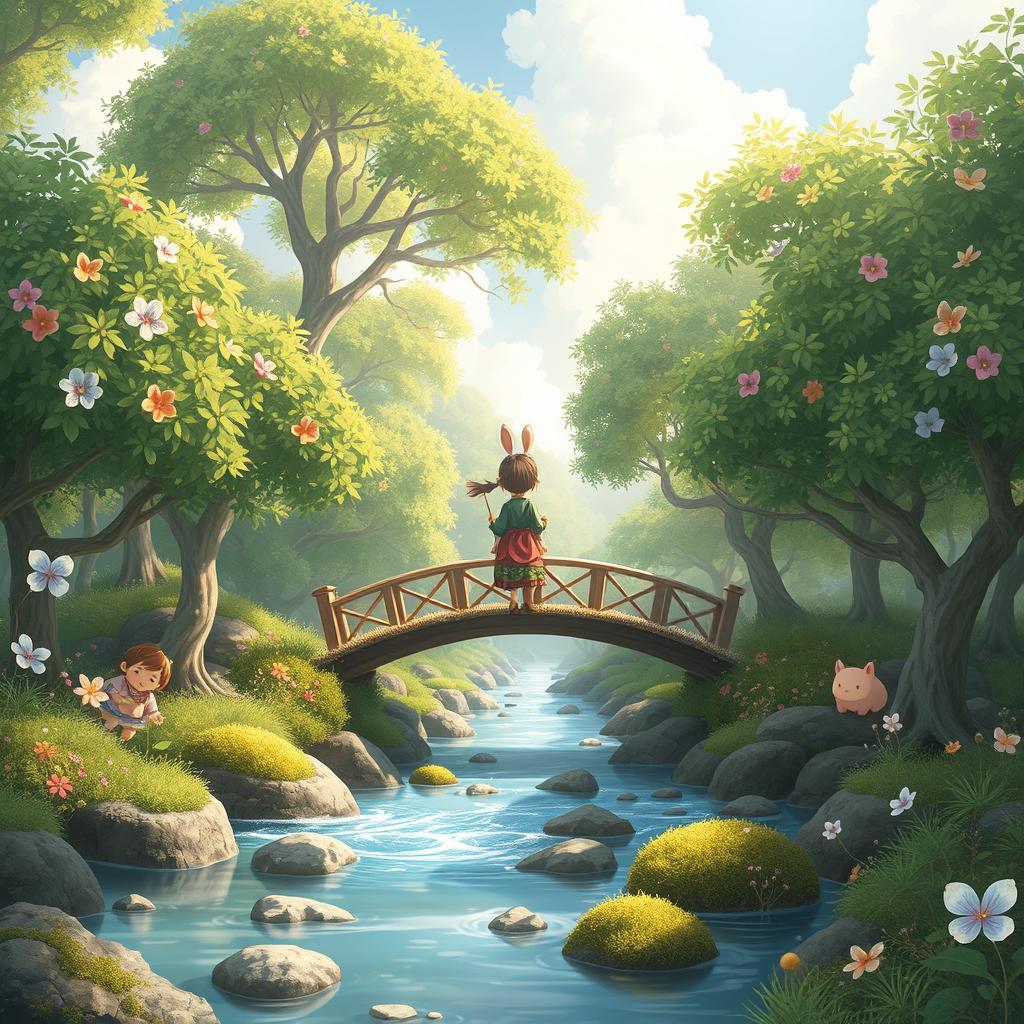 A magical forest scene inspired by Studio Ghibli, featuring lush green trees with vibrant flowers, soft pastel colors, and whimsical creatures peeking through the foliage