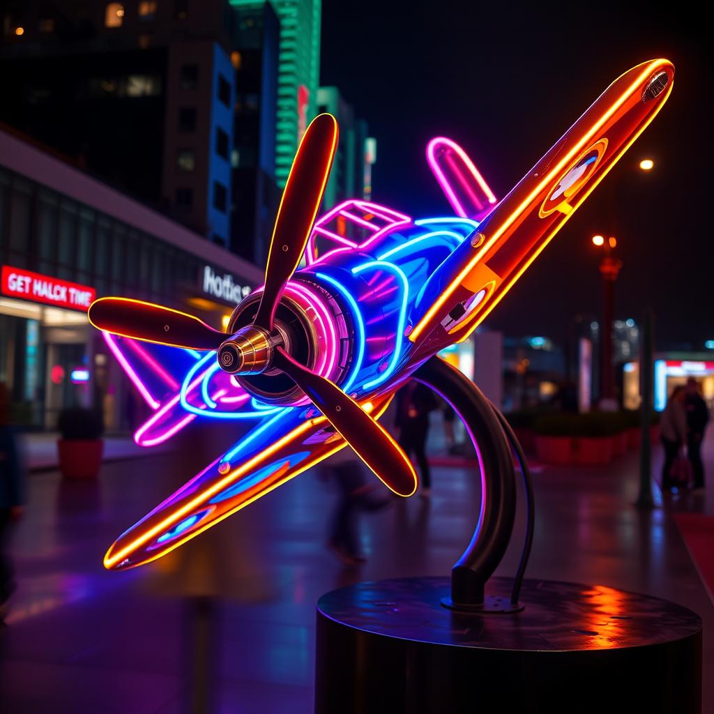 A stunningly designed sculpture of a vintage airplane featuring a prominent propeller, crafted using vibrant neon lights