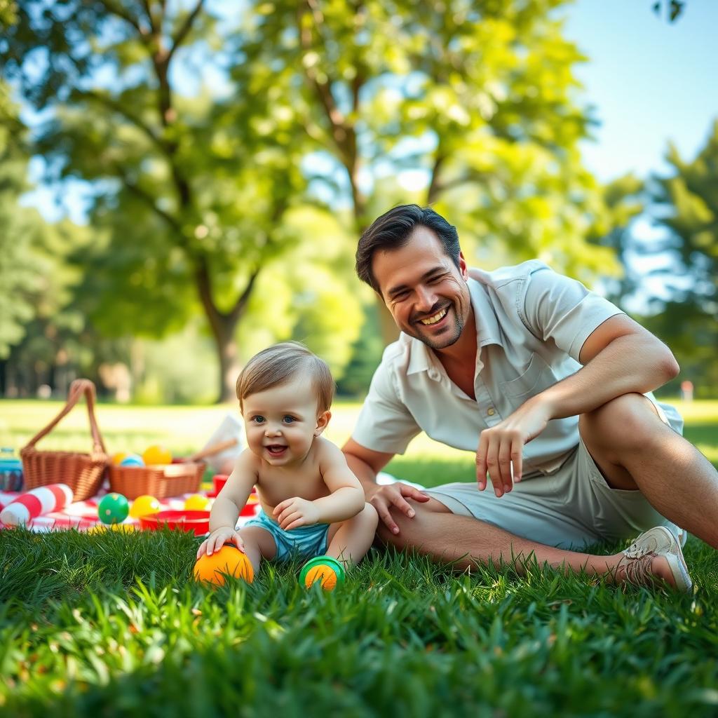 An outdoor family scene featuring a warm and inviting atmosphere, with sunlight filtering through the trees
