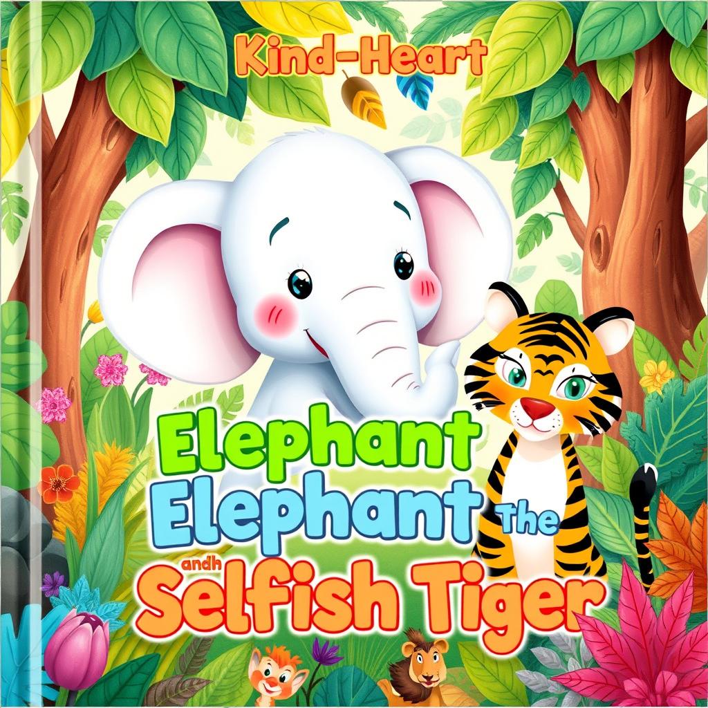 A beautifully illustrated children's book cover featuring a kind-hearted elephant and a selfish tiger, set in a vibrant jungle