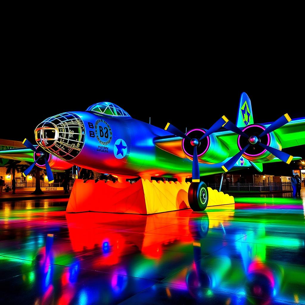 A dynamic sculpture of a B29 bomber airplane, featuring intricate details on the fuselage and wings, illuminated with vibrant neon lights in blue, red, and green