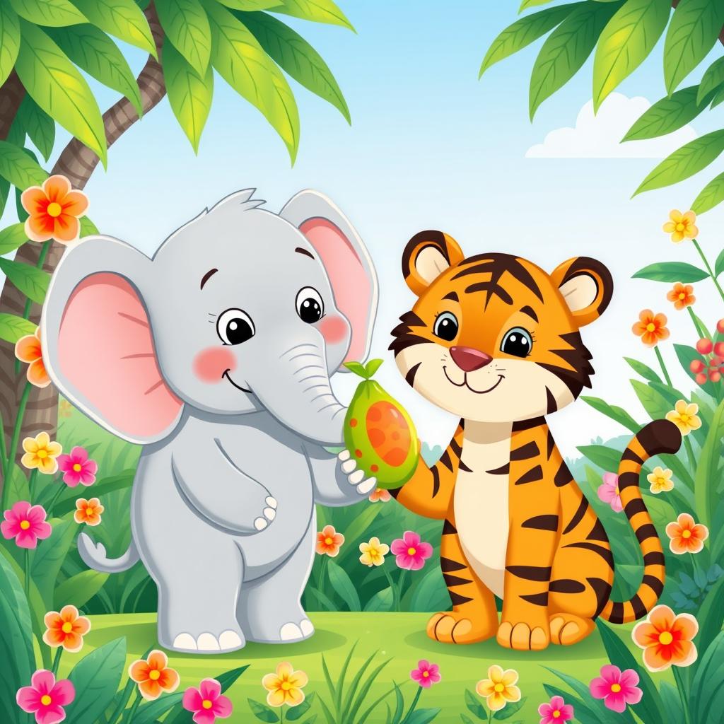 A whimsical and engaging illustration of a kind-hearted elephant with a gentle smile, standing beside a mischievous but charming tiger, who has an expressive face showing playful selfishness