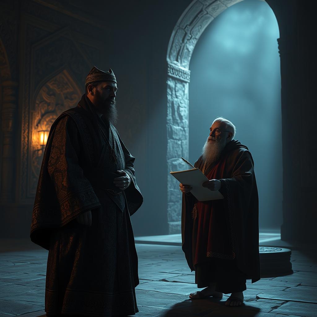 In the dimly lit Kushk of Shah Khwarazmshahi, set in the 4th century AH, Taksh Khan, a formidable ruler dressed in richly embroidered Persian robes, commands an air of authority as he addresses an old poet and historian from Khorasan