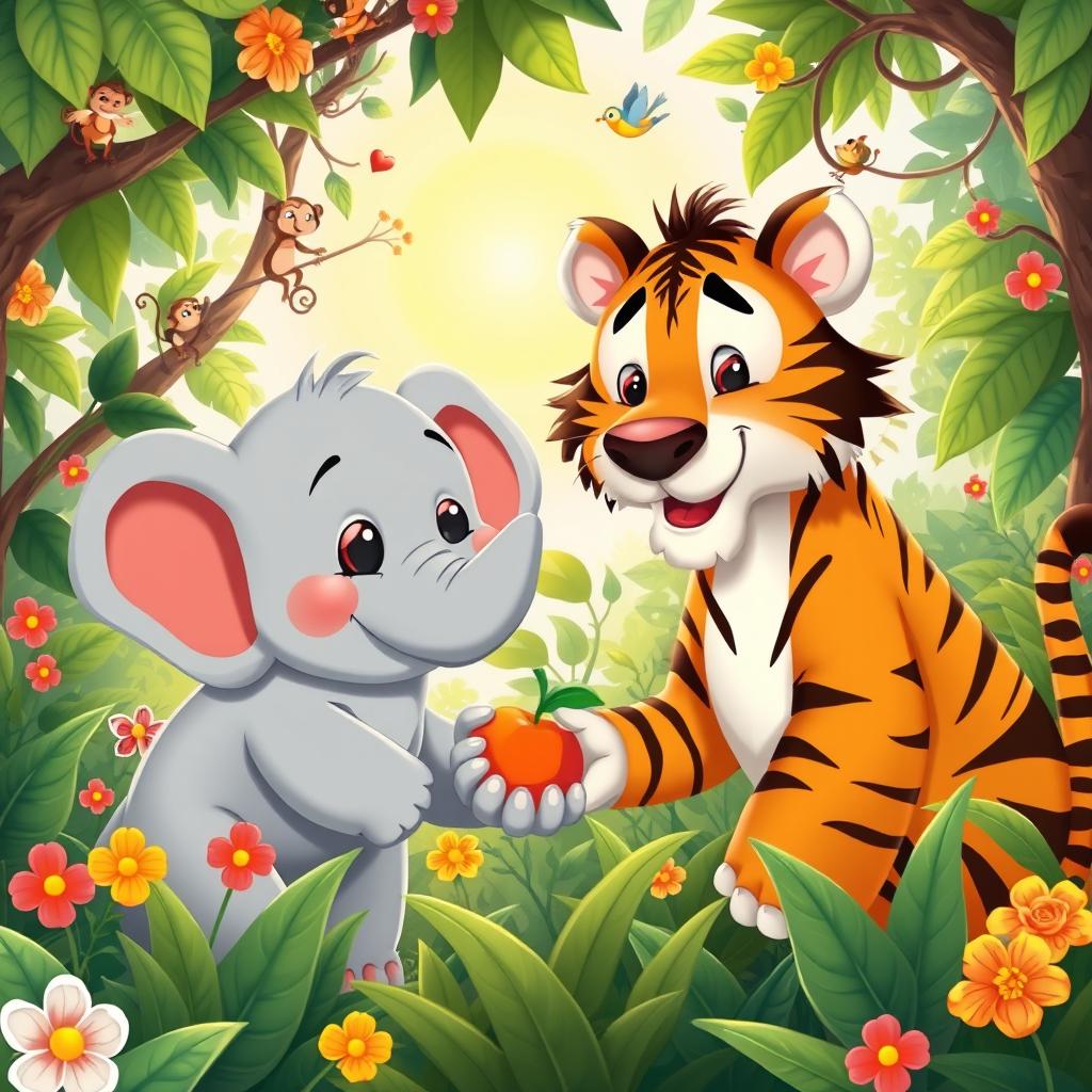 A whimsical and heartwarming scene depicting a kind-hearted elephant and a selfish tiger in a vibrant jungle, with colorful flowers and lush greenery