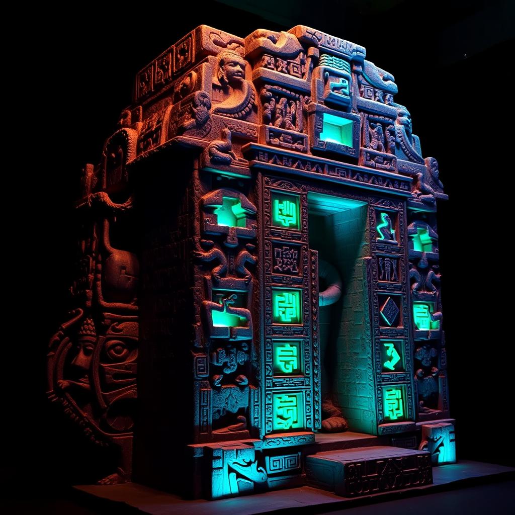 An intricate sculpture of the tombstone of King Pakal, featuring detailed carvings and designs inspired by ancient Mayan art, illuminated with vibrant neon lights in shades of blue and green
