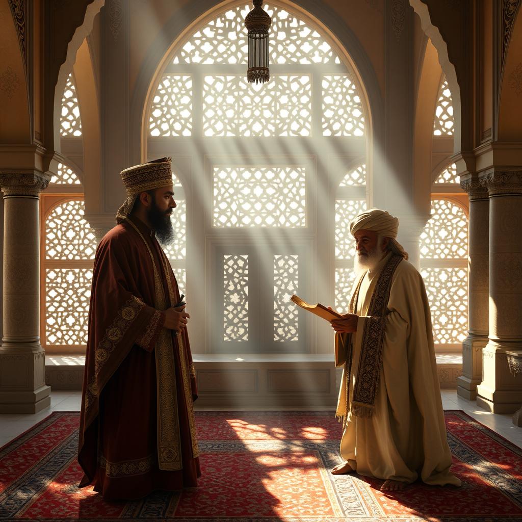 In the serene pavilion of Shah Khwarazmshahi, softly illuminated by natural light streaming through intricate lattice windows, Taksh Khan, a dignified ruler adorned in sumptuous Persian garments, stands before an old poet and historian from Khorasan
