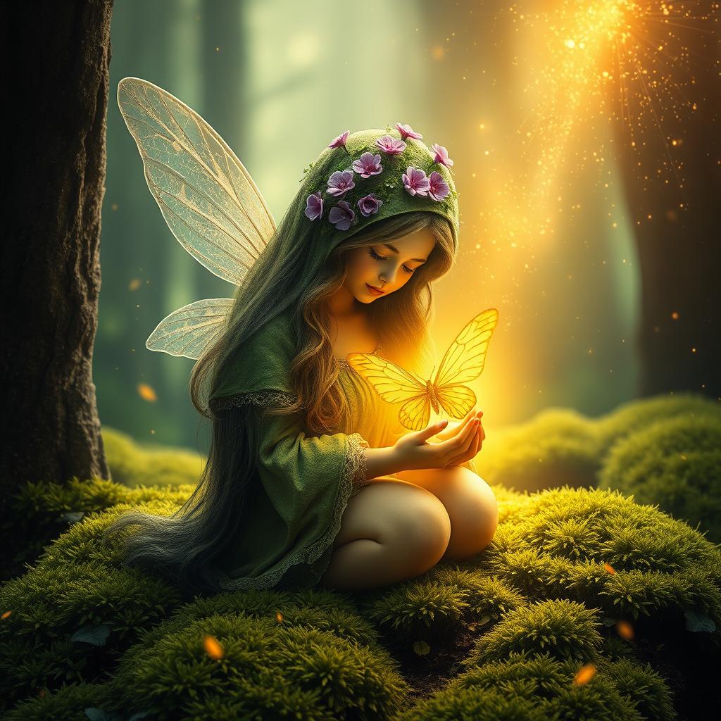 A mystical fairy forest surrounded by a golden nebula and shimmering stardust
