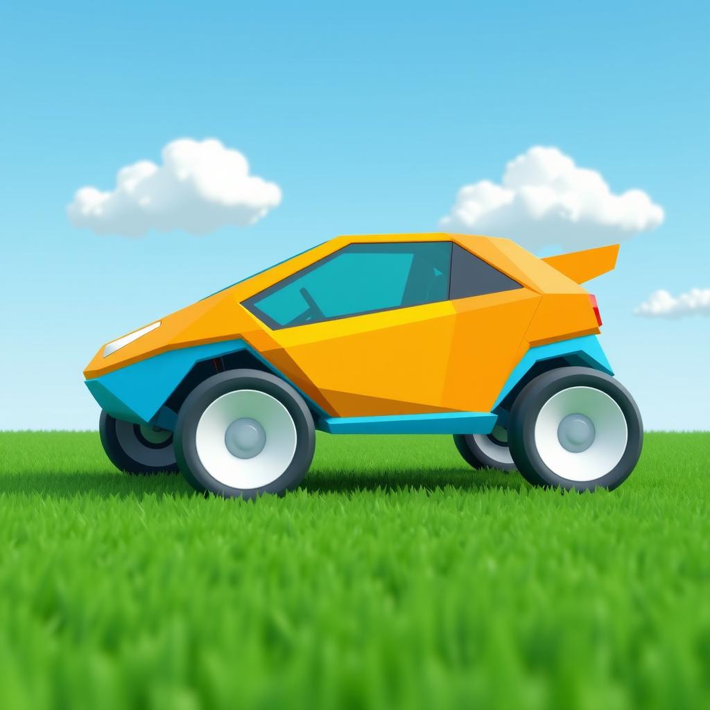 A low-poly style invented car, featuring creative geometric shapes, bright colors, and a stylized design