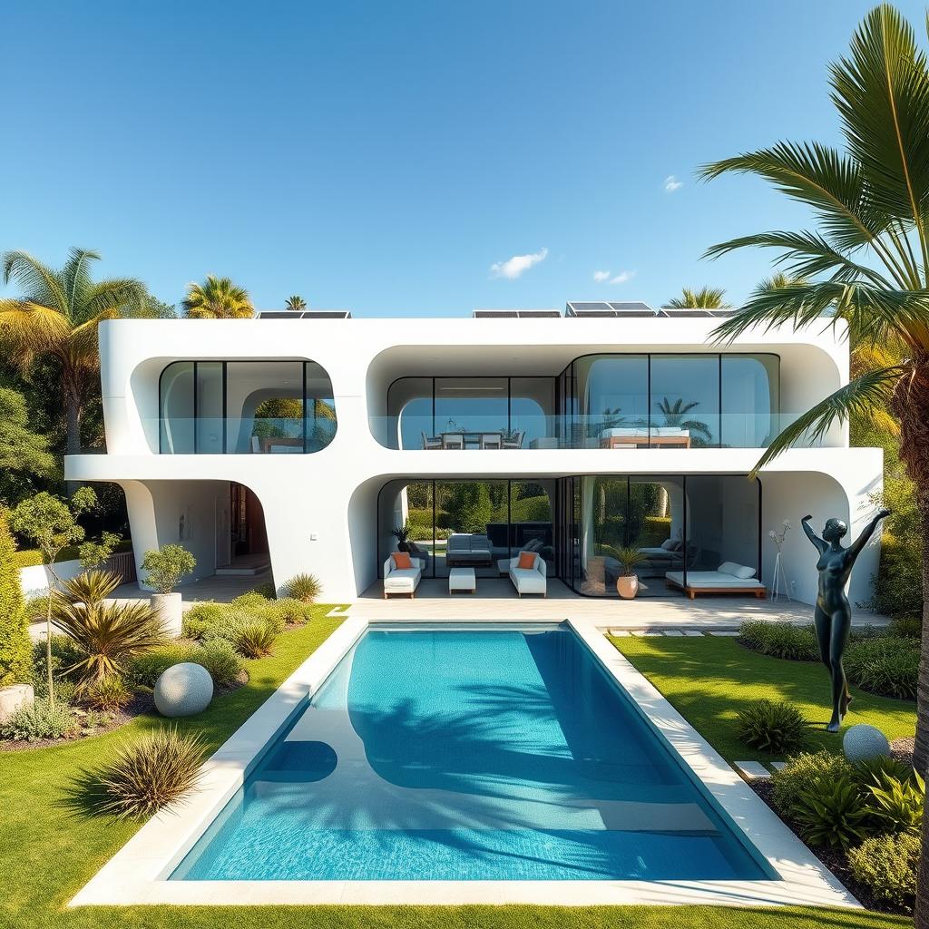 A stunning futuristic modern house, featuring sleek lines and an innovative design, surrounded by lush greenery and a clear blue sky