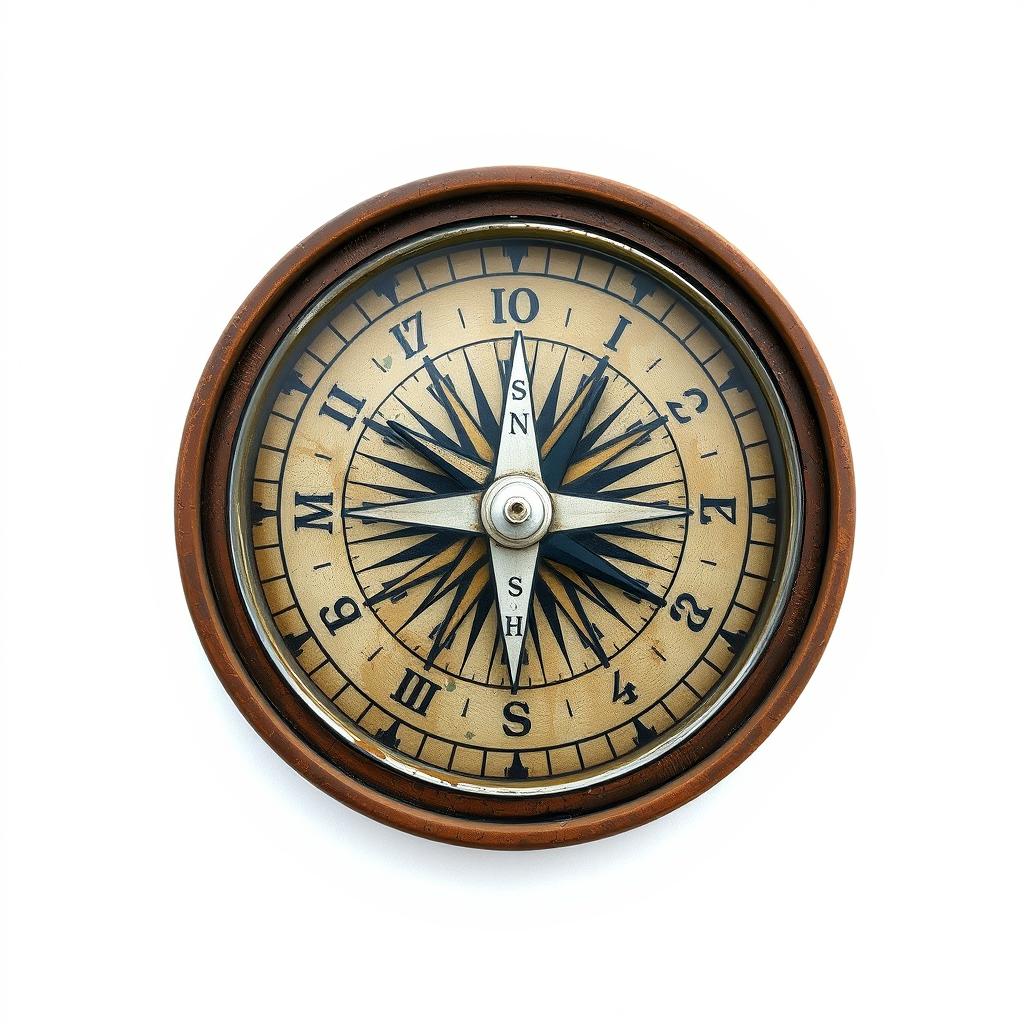 An aesthetically unappealing compass, featuring a distorted and uneven needle, mismatched colors including clashing shades of brown and green, and a rough, scratched surface that gives it a neglected, worn-out look