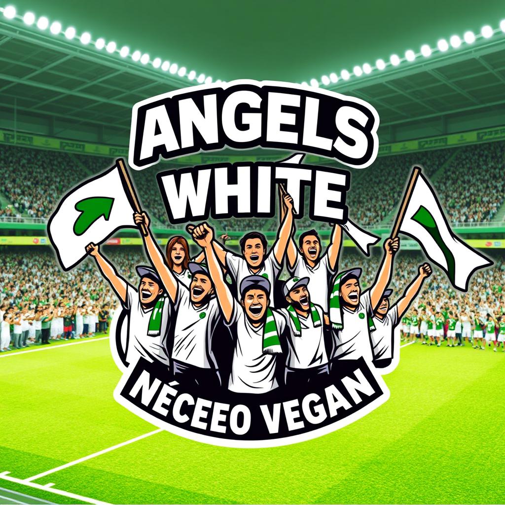 A vibrant and dynamic logo design featuring enthusiastic football fans holding banners and flags, expressing their support for a football team