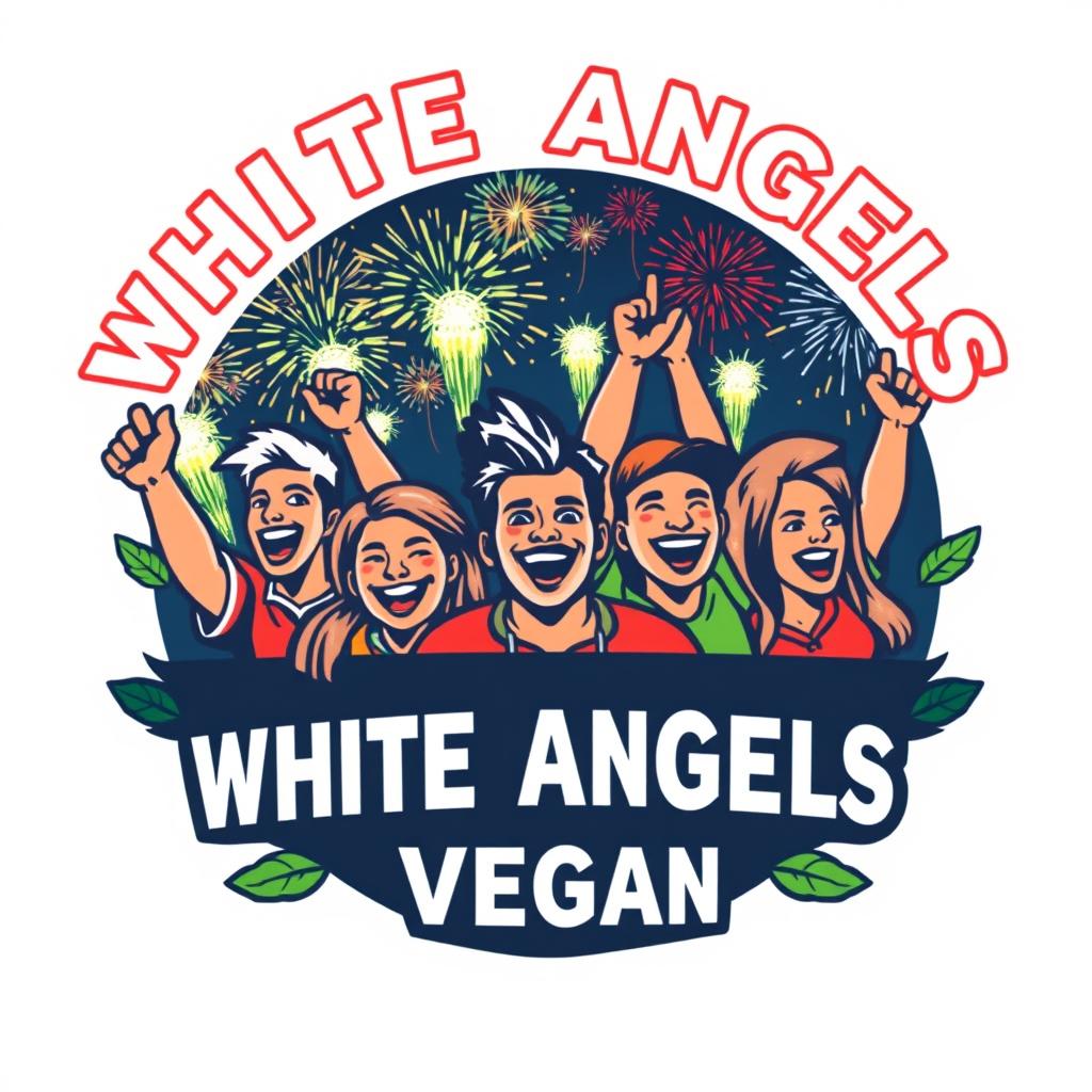 A vibrant logo featuring enthusiastic football fans celebrating with fireworks and pyrotechnics, incorporating the text 'WHITE ANGELS VEGAN' in bold, eye-catching font
