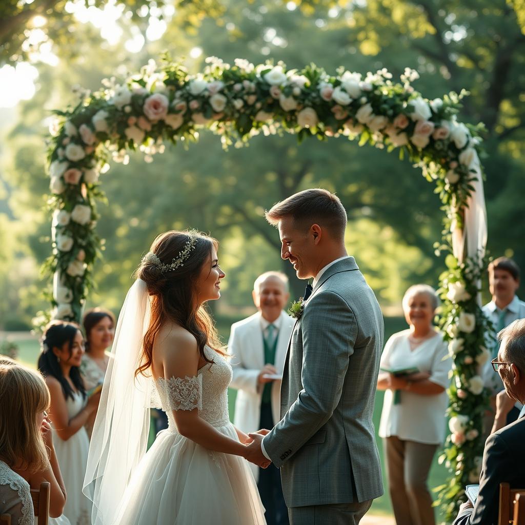 A dreamy wedding scene featuring a fictional couple deeply in love, showcasing an outdoor ceremony at a picturesque venue adorned with lush greenery and blooming flowers