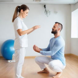 A professional musculoskeletal physiotherapist in medical attire, engaged in therapeutic exercises with a patient inside a well-equipped physiotherapy clinic.