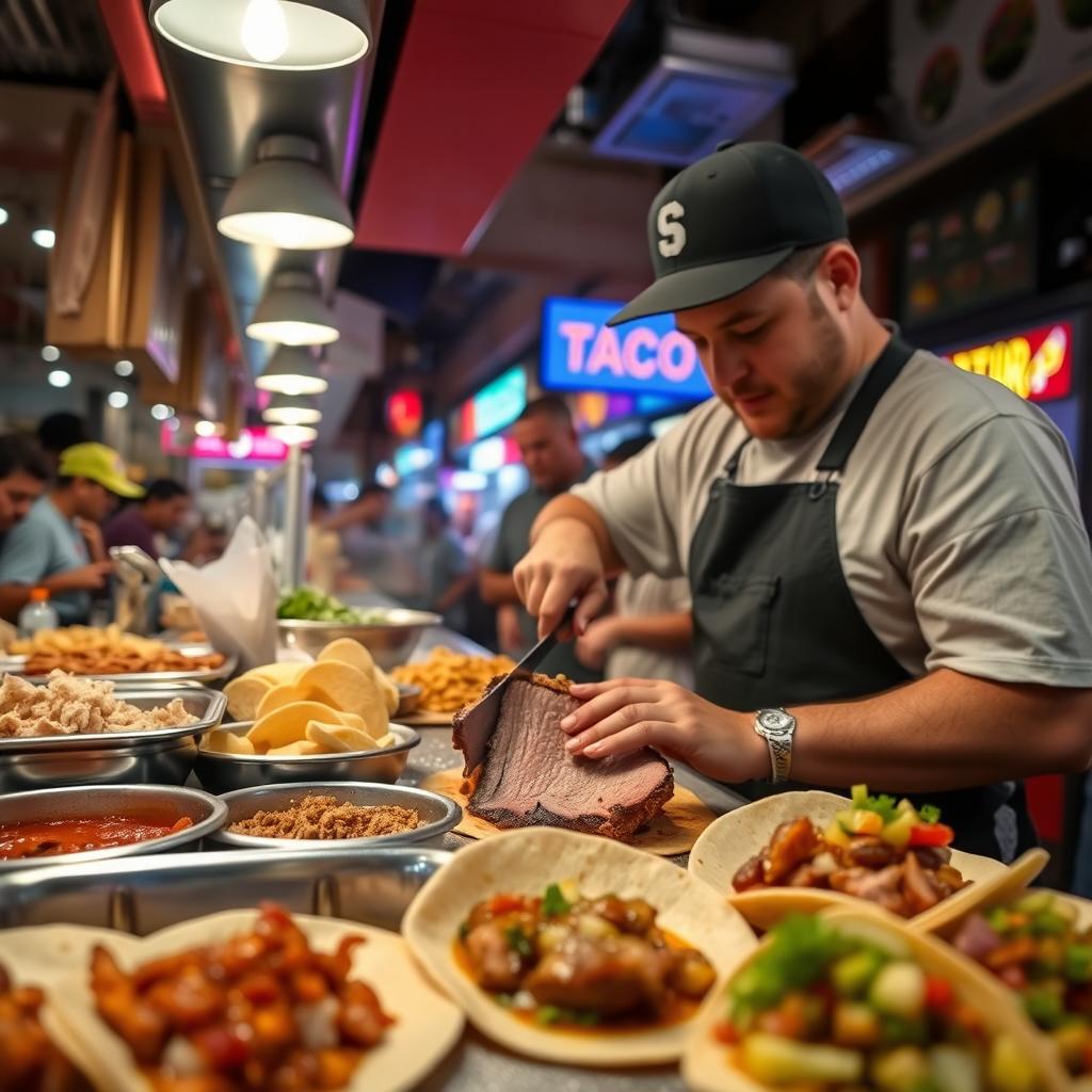 A taquero skillfully slicing a trompo of al pastor at a busy taco stand, delicious tacos being prepared in the background, vibrant lights illuminating the taquería atmosphere, mouth-watering spices and toppings visible, fresh corn tortillas and succulent pieces of marinated pork with pineapple being served, a lively crowd enjoying their meals, authentic Mexican street food scene