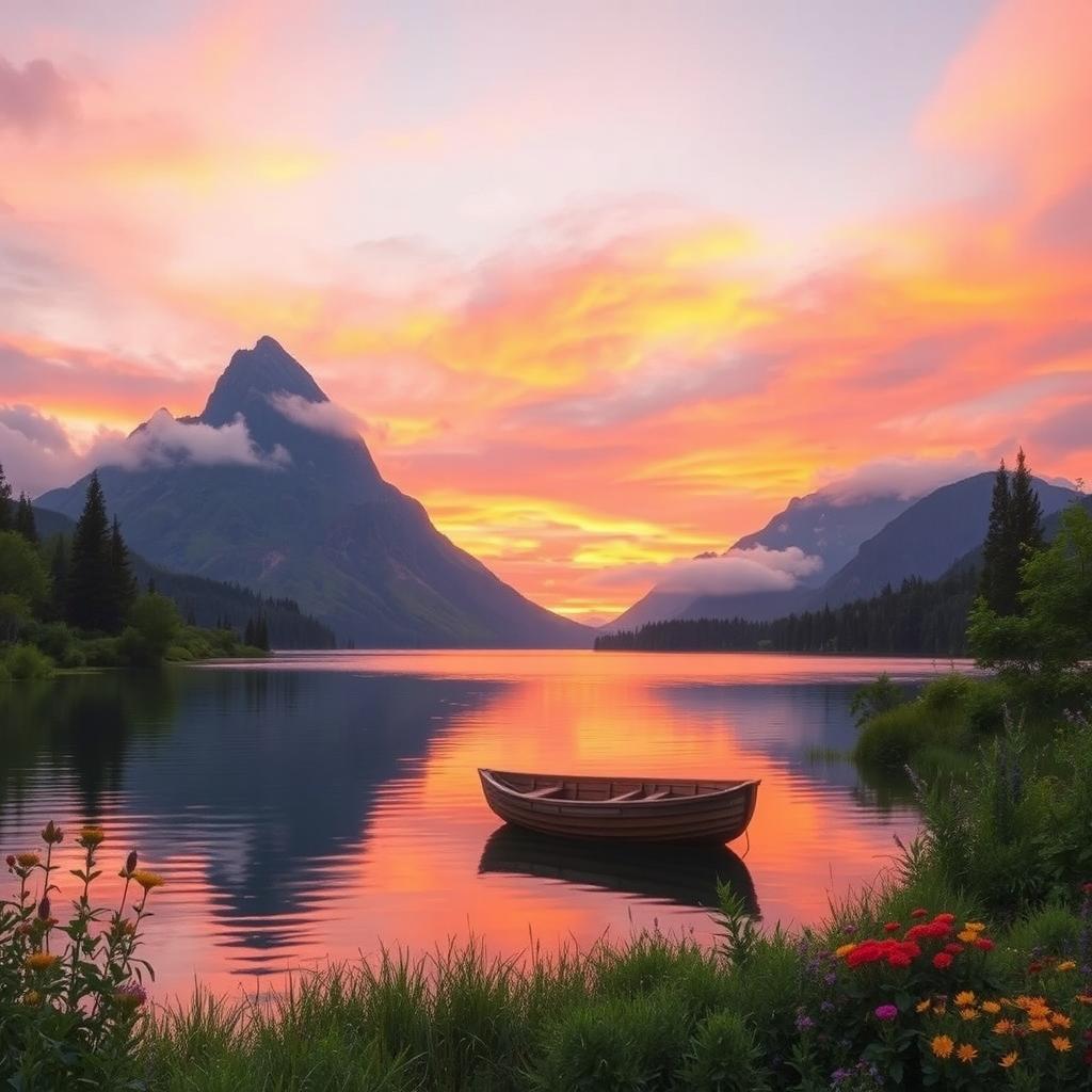 A serene landscape featuring a picturesque sunset over a tranquil lake, with vibrant hues of orange, pink, and purple reflecting on the water's surface