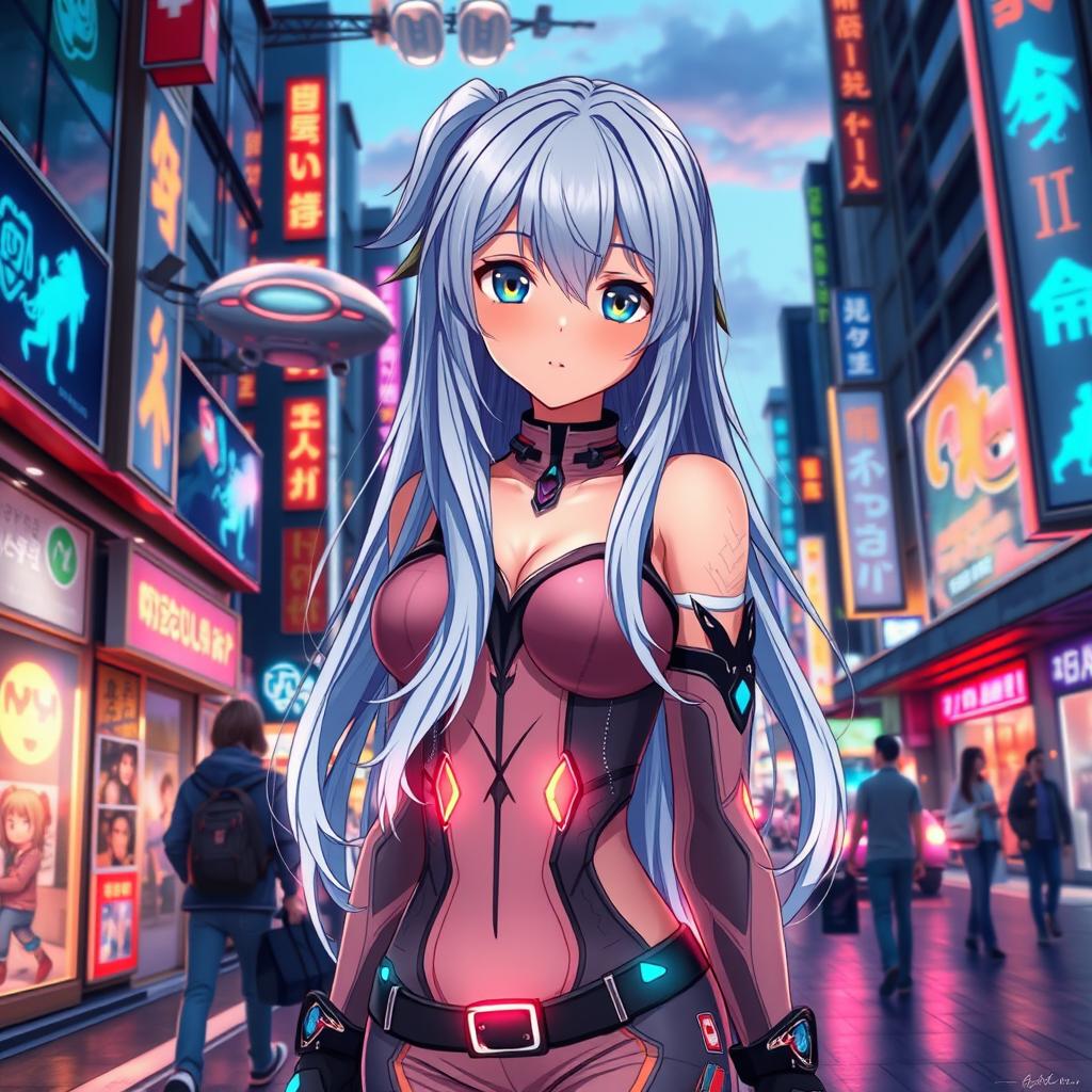A vibrant anime-style image featuring a young woman with long, flowing silver hair and striking blue eyes
