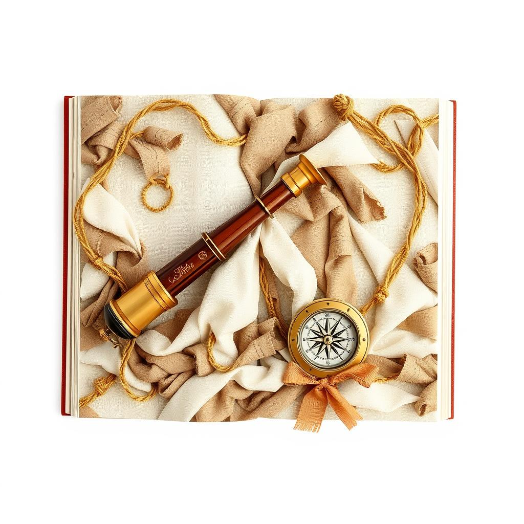 An enchanting book cover design featuring a seamless arrangement of unique juhish woven cloth pieces artfully intertwined with a golden strand