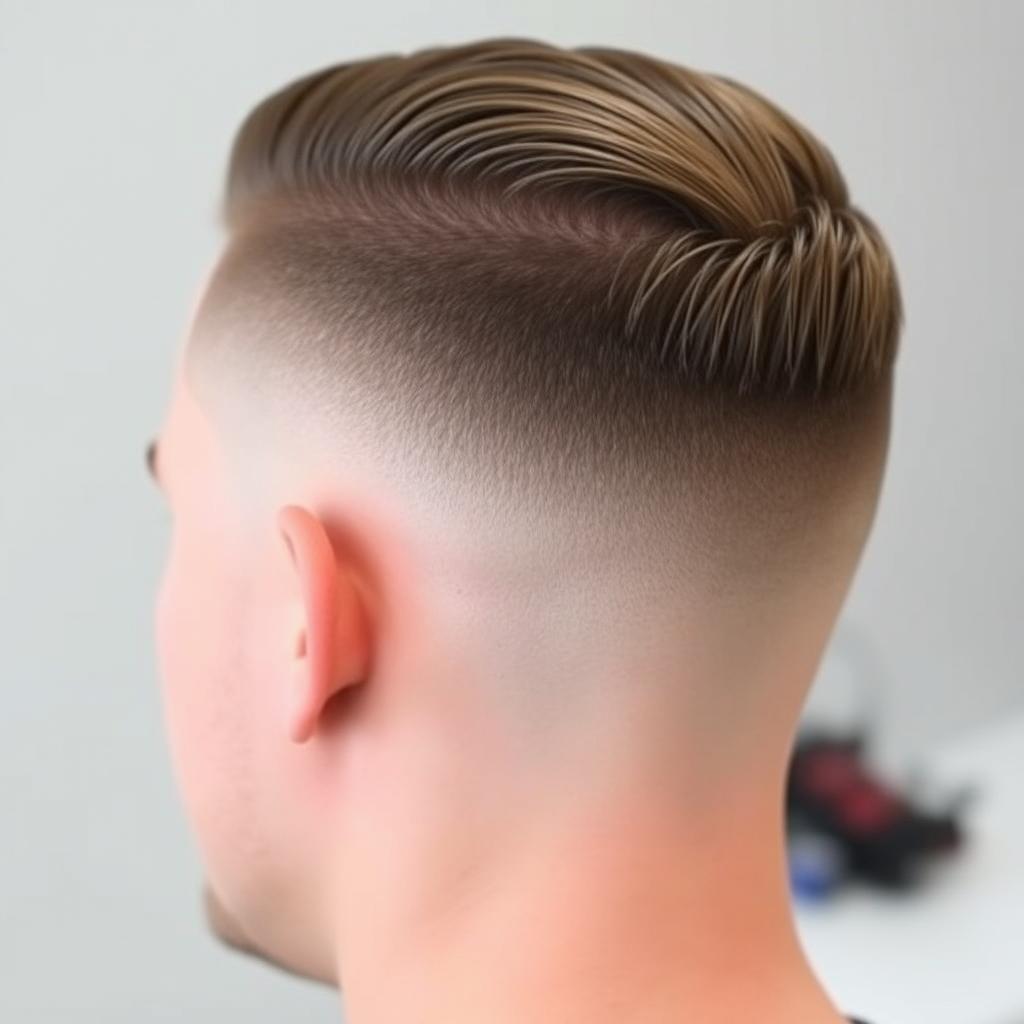 A close-up of a man's head showcasing an expertly executed fade haircut on the back of the head