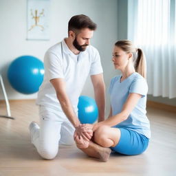 A professional musculoskeletal physiotherapist in medical attire, engaged in therapeutic exercises with a patient inside a well-equipped physiotherapy clinic.