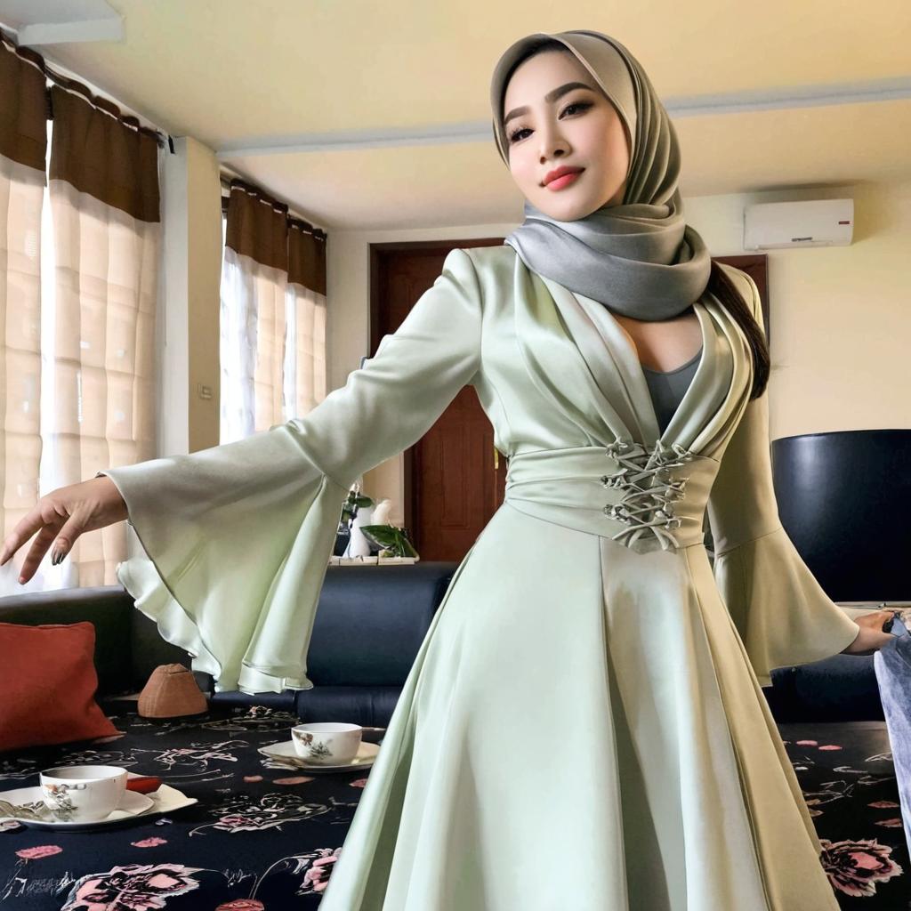 The woman in this photo is the main subject , do not change anything in subject just leave it as it is. Just change background and replace background with beautiful suitable living room
