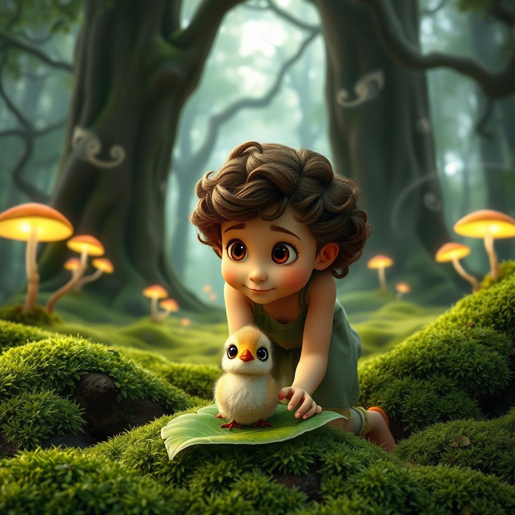 A young girl with curly brown hair and big, curious eyes kneeling on a lush, mossy forest floor, surrounded by towering trees