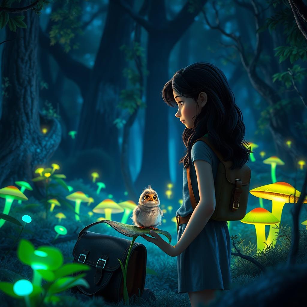 A teenage girl with long, wavy dark hair and a leather satchel stands in a dense, glowing forest