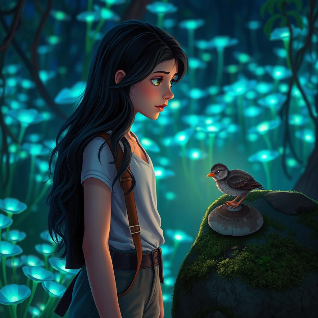 A teenage girl with long, wavy dark hair and wearing a stylish outfit stands in a dense, glowing forest filled with vibrant blue and green bioluminescent plants