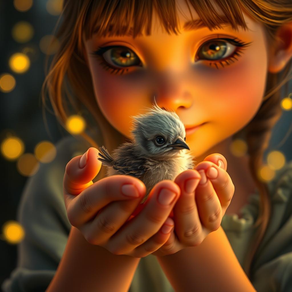 A close-up of a girl named Lila holding a baby bird gently in her cupped hands