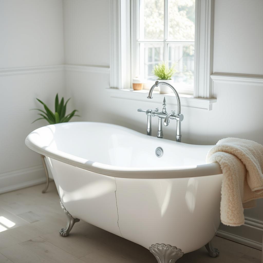 A classic, freestanding white bathtub with an elegant design, situated in a bright and airy bathroom