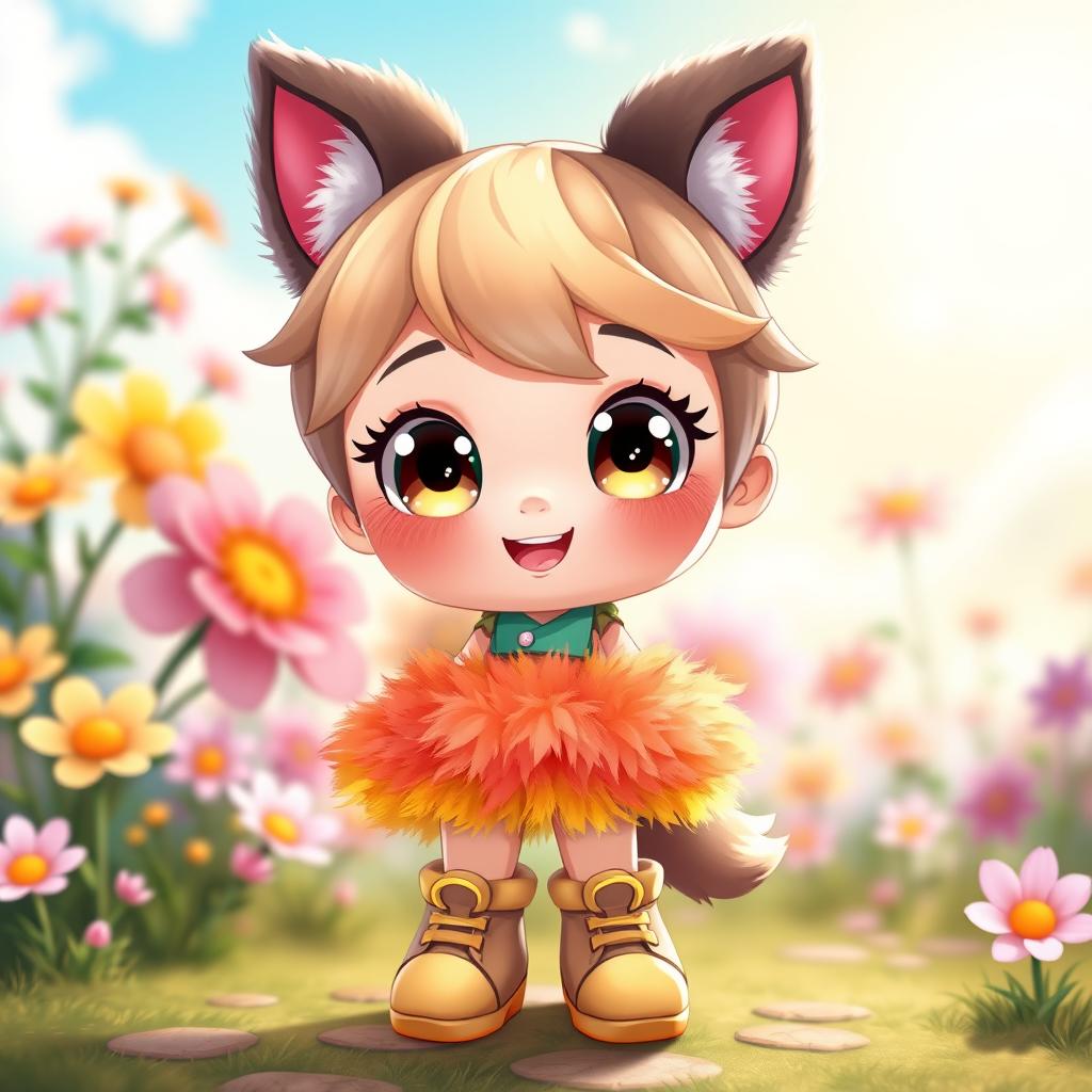 A cute chibi-style character, featuring oversized head and tiny body, emphasizing big sparkling eyes and a playful expression