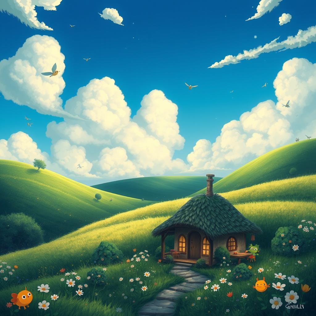 A whimsical and enchanting scene inspired by Studio Ghibli, featuring lush green landscapes, rolling hills, and fantastical creatures