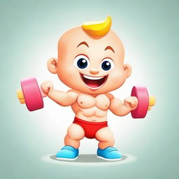 A cute, cartoonish baby with exaggerated muscles, hilariously pretending to lift a small, brightly colored toy dumbbell with great effort and a playful grin.