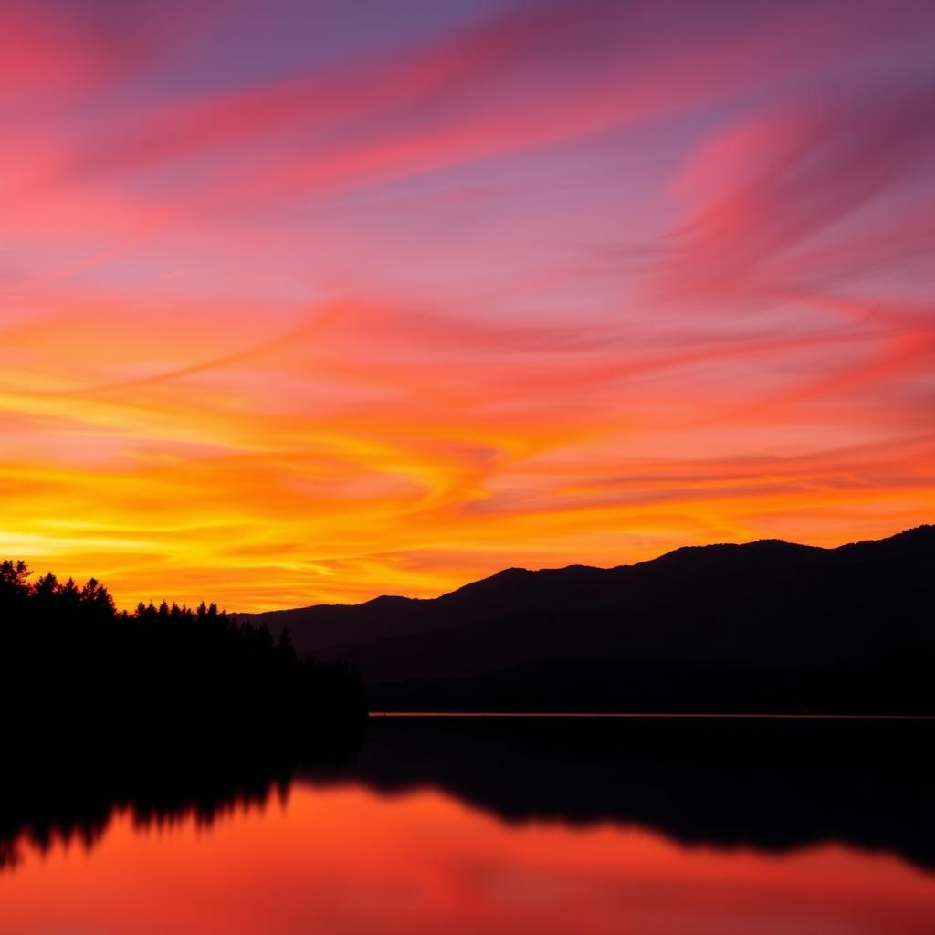 A high-quality enhanced photo of a beautiful sunset over a calm lake, with vibrant colors reflecting on the water's surface