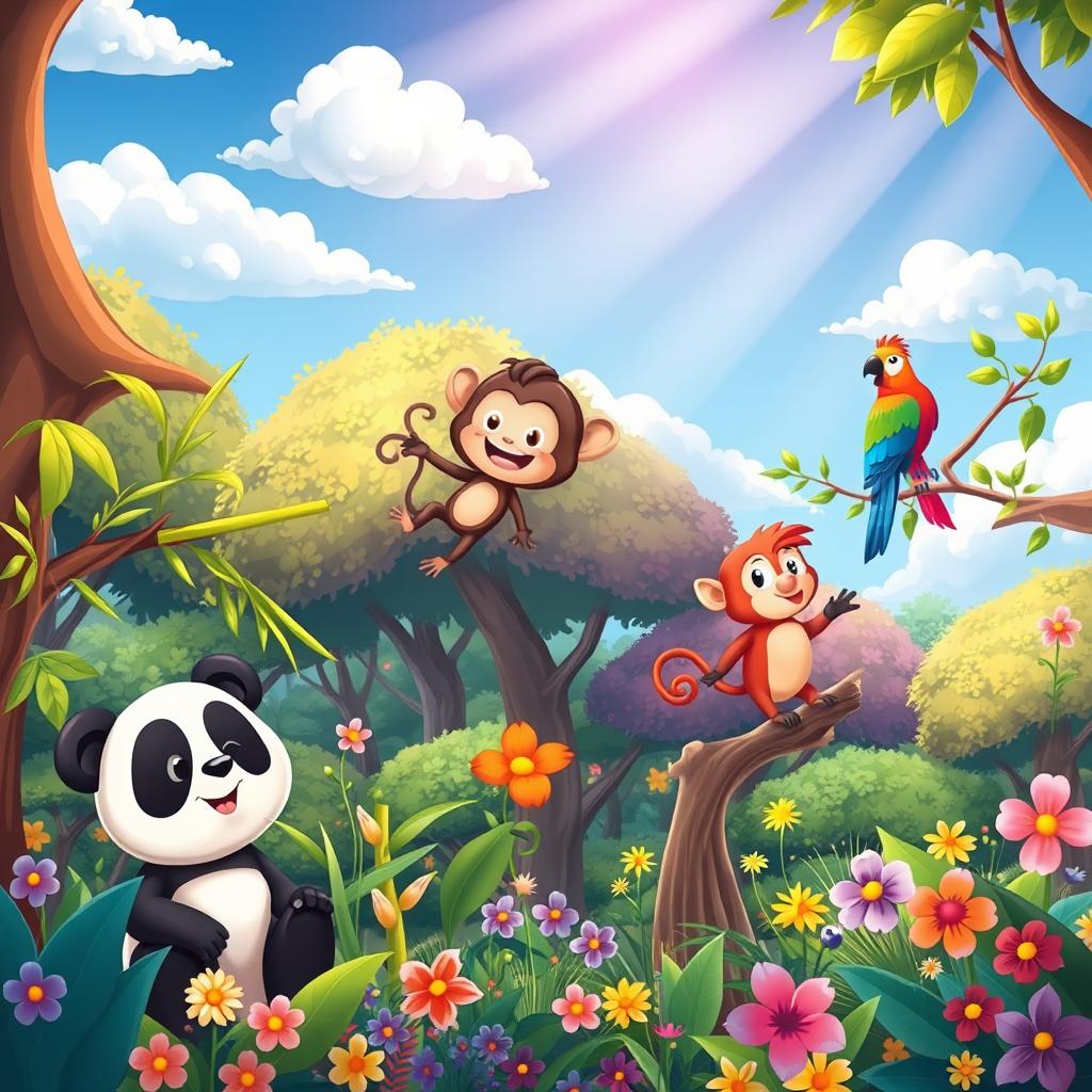 A vibrant and playful cartoon scene featuring whimsical animals in a colorful forest