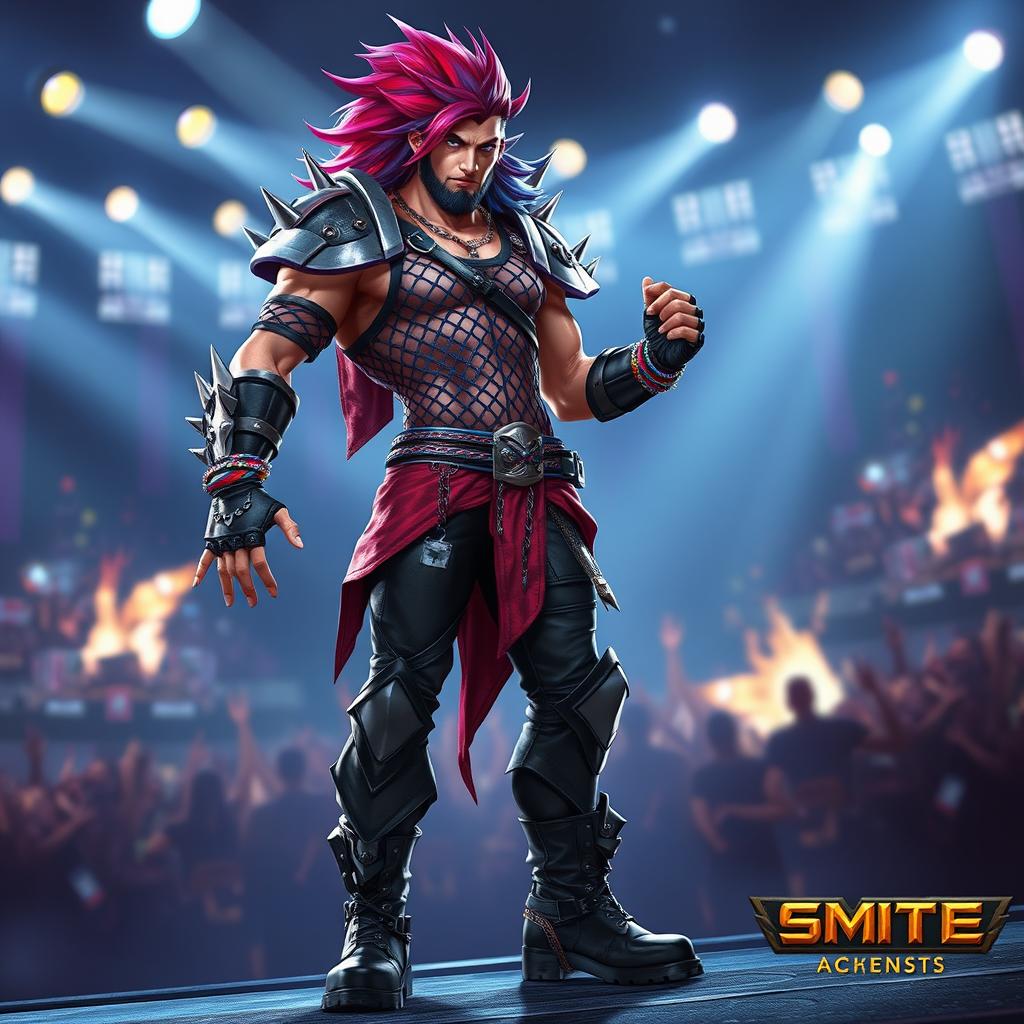 A rockstar-themed skin concept for Achilles from the game Smite, dressed in edgy fishnet attire