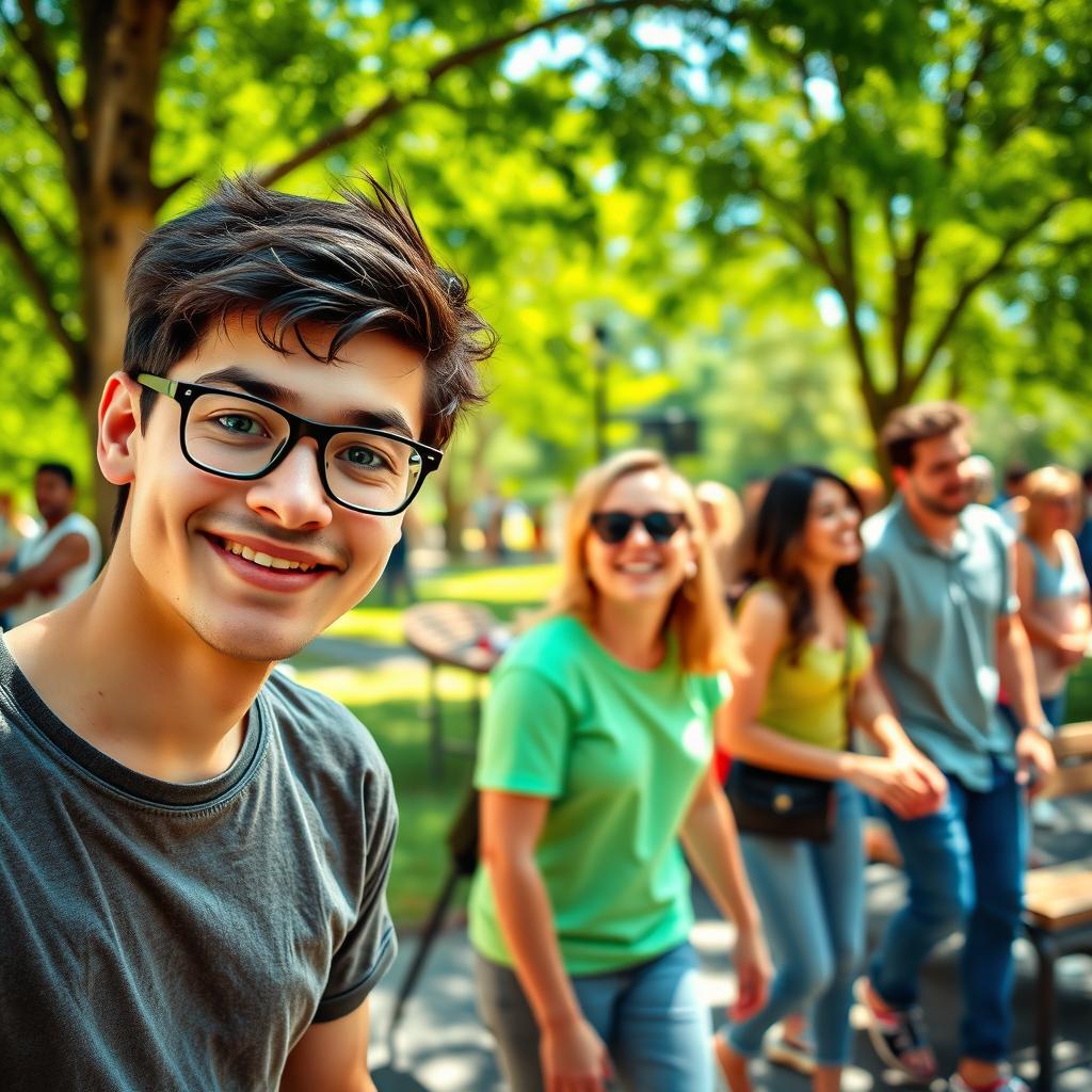 A colorful, vibrant scene featuring a group of friends enjoying a sunny day outdoors at a park