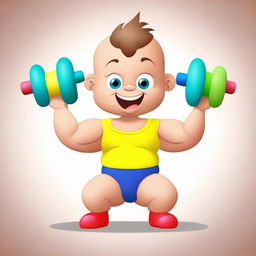 A cute, cartoonish baby with exaggerated muscles, hilariously pretending to lift a small, brightly colored toy dumbbell with great effort and a playful grin.