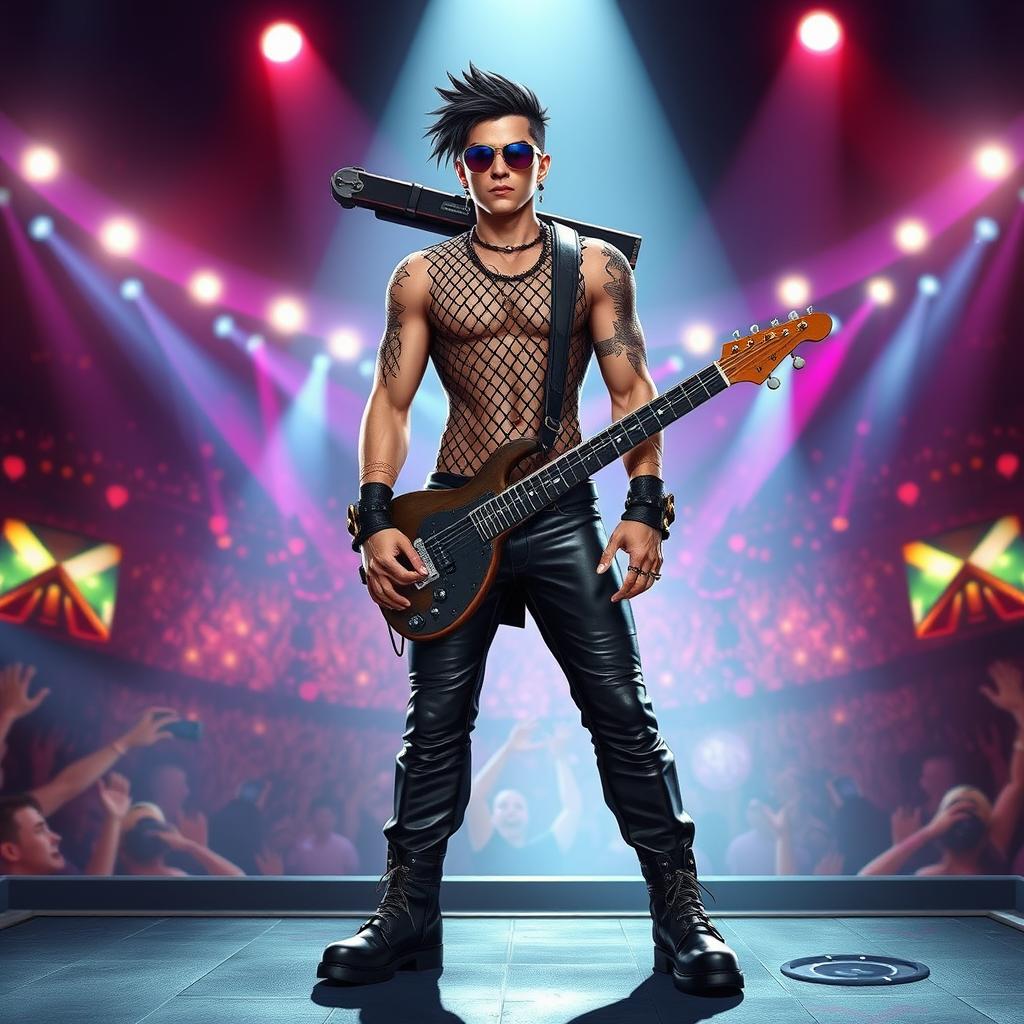 A full-body rockstar-themed skin concept for Achilles from the game Smite, featuring edgy fishnet attire