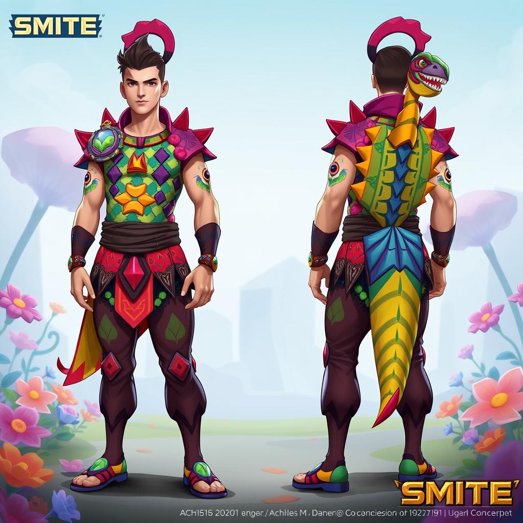 A unique skin concept for Achilles from the game Smite, featuring him wearing a vibrant dinosaur-themed mameluke costume