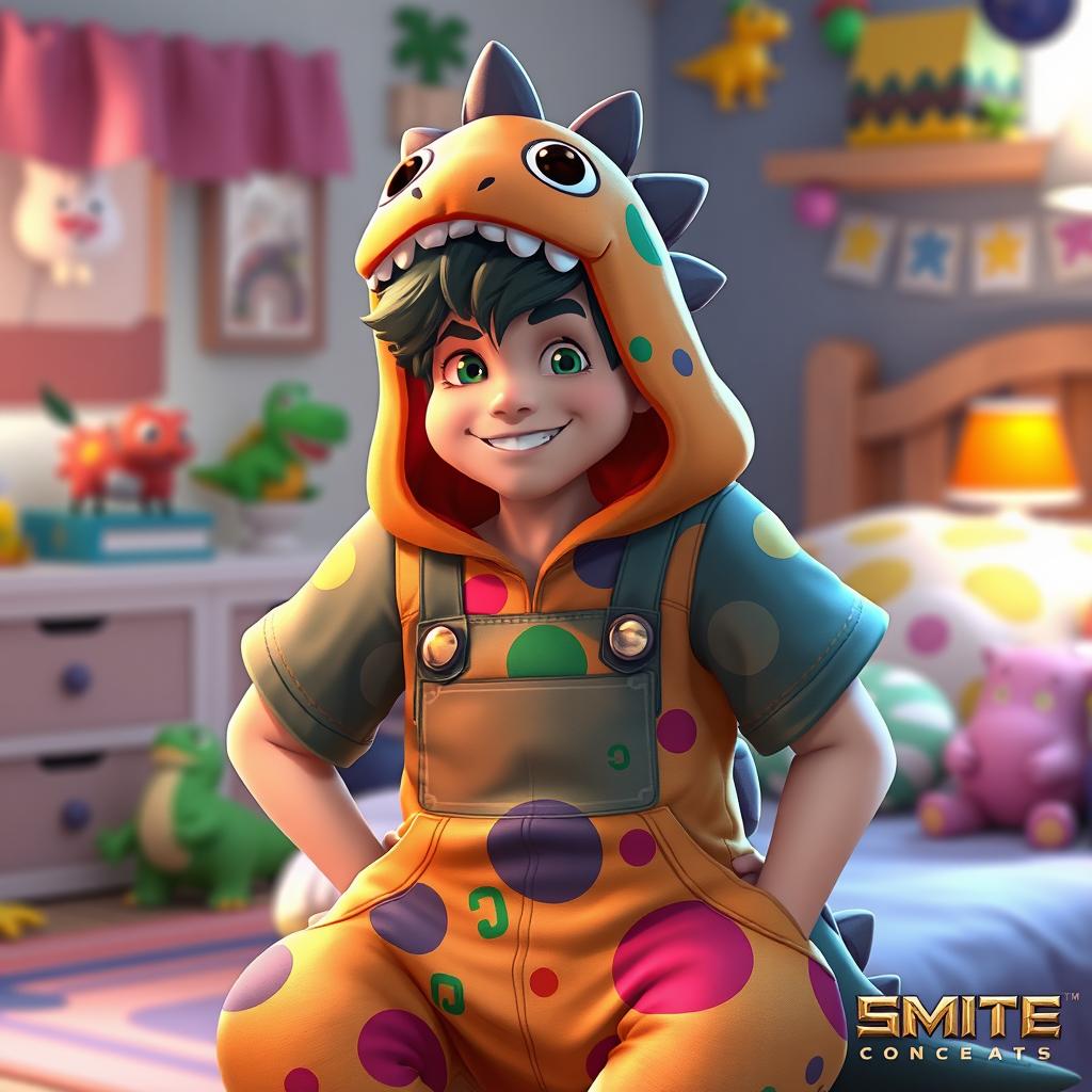 A fun and whimsical concept for Achilles from the game Smite, featuring him wearing a dinosaur-themed overall pajama