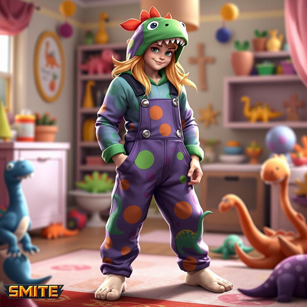 An imaginative and playful skin concept for Achilles from the game Smite, depicting him wearing colorful dinosaur-themed overall pajamas