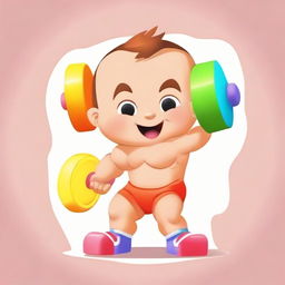 A cute, cartoonish baby with exaggerated muscles, hilariously pretending to lift a small, brightly colored toy dumbbell with great effort and a playful grin.