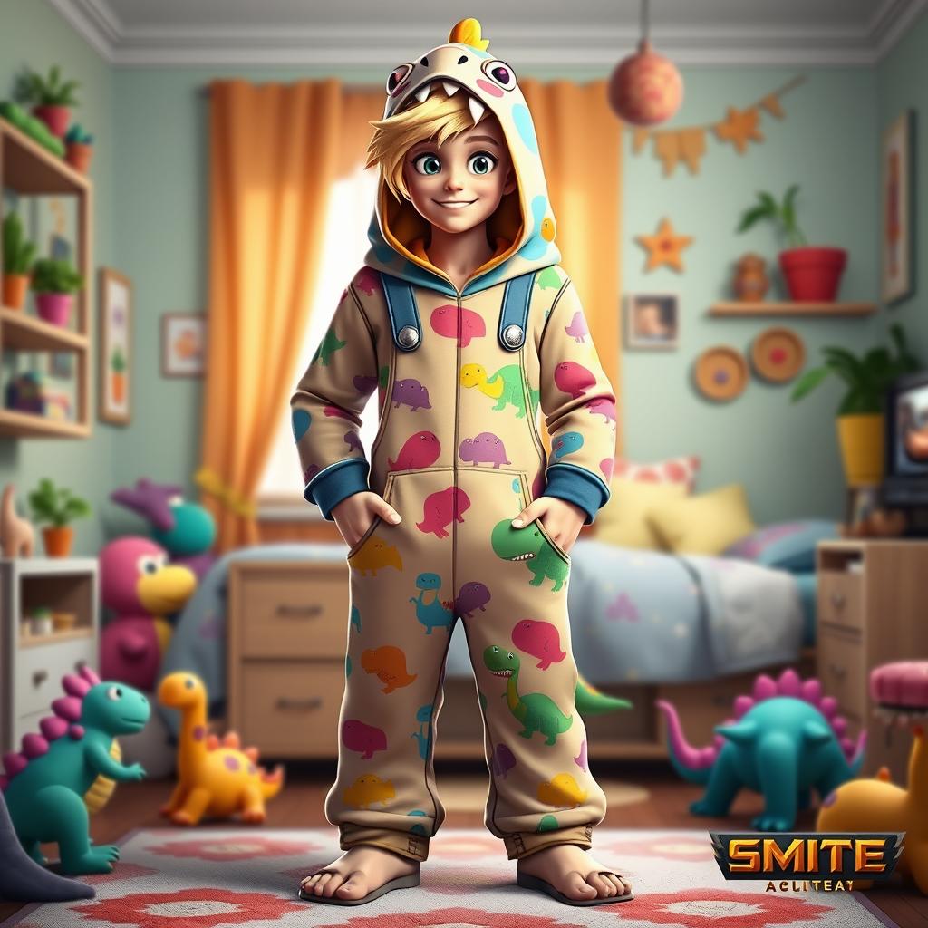 A playful and imaginative portrayal of Achilles from the game Smite, depicted as a male character wearing colorful dinosaur-themed overall pajamas