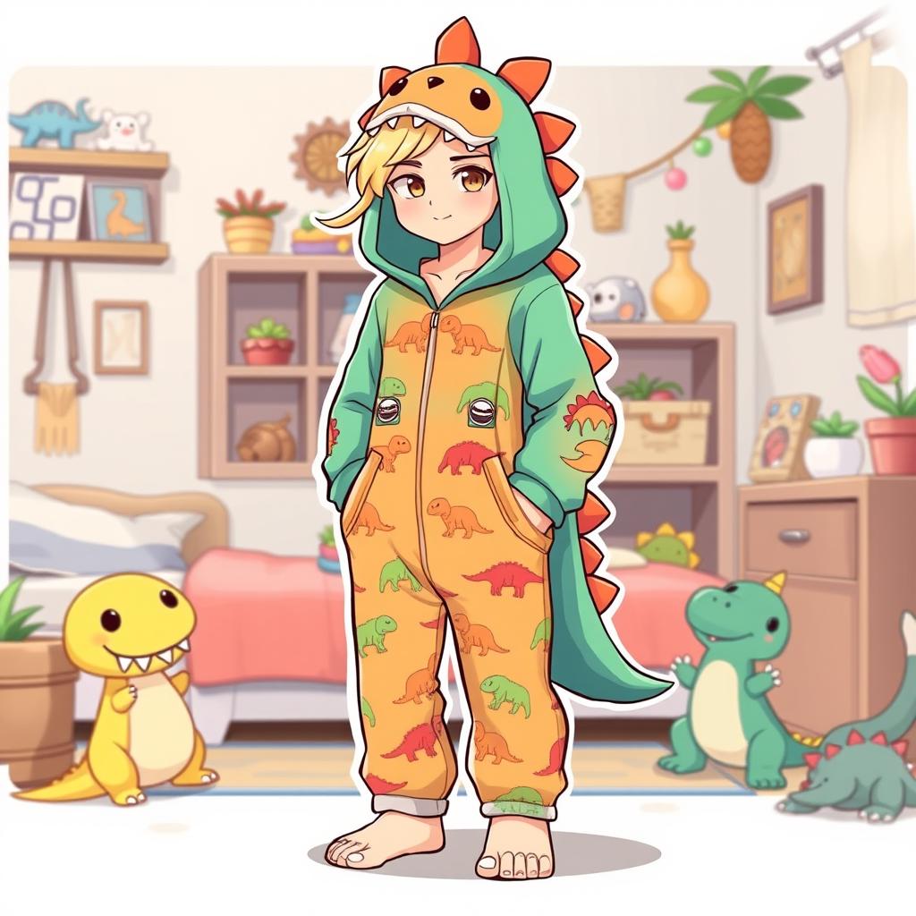 A charming and whimsical illustration of Achilles from the game Smite, depicted as a male character wearing a fun dinosaur-themed overall pajama