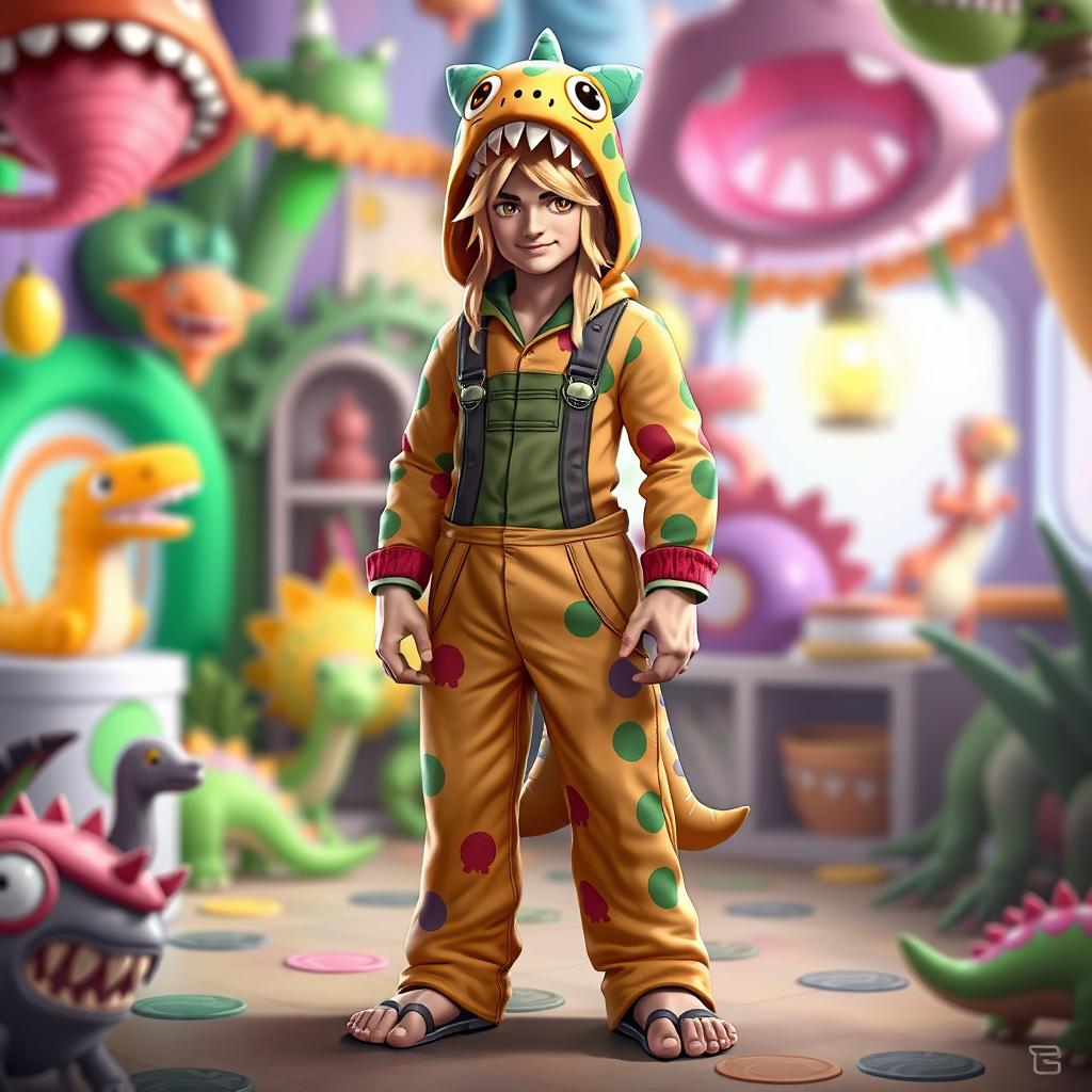 A creative skin concept for Achilles from the game Smite, envisioned as a male character dressed in vibrant dinosaur-themed overall pajamas