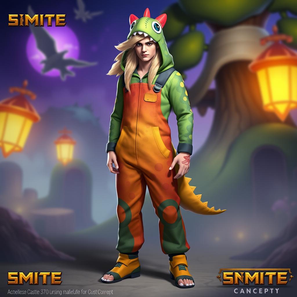 An imaginative skin concept for Achilles from the game Smite, showcasing him as a male character wearing playful dinosaur-themed overall pajamas, inspired by a mameluke style